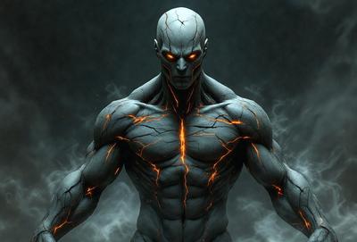 The primary subject of the image is a muscular male figure with a demonic appearance. The setting is a dark, cloudy environment, which adds to the overall mood of the image. The visual style is a combination of photo and digital art, creating a striking and unique image. The dominant colors are dark and grey, with the demonic figure being the main focus of the image.